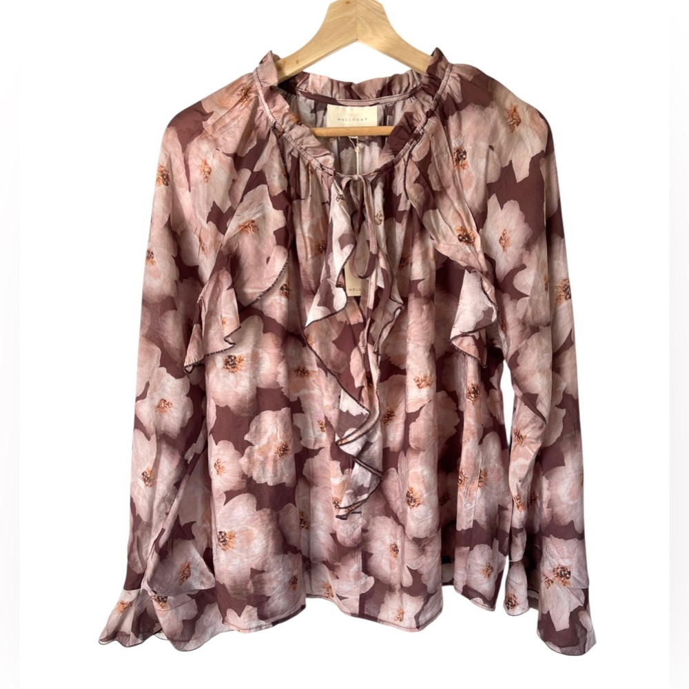 Melloday Floral Ruffle Blouse NWT Large Bell Sleeves Tie Neck Boho Cottagecore